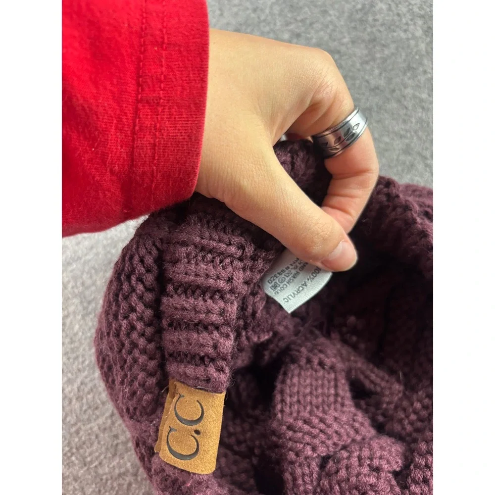 CC Exclusives Berry Purple Knit Beanie Hat with Brim Ponytail Messy Bun YJ-2023